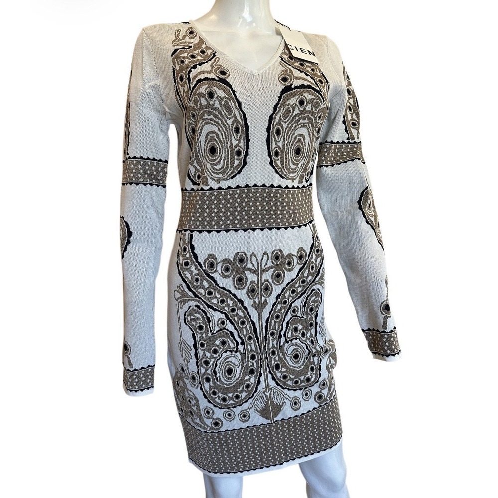 CIEN Bodycon Knit Dress Women's Large Gold Beige Long Sleeves V Neck Party Forma